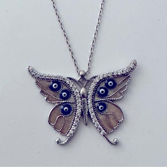 925 Silver pink butterfly evileyes clear cz stones necklace